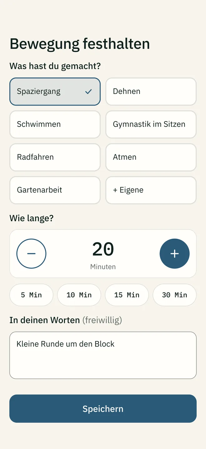 Der Bildschirm „Bewegung festhalten“ mit der Art der Bewegung, der Dauer in Minuten und einem Feld für eigene Worte.
