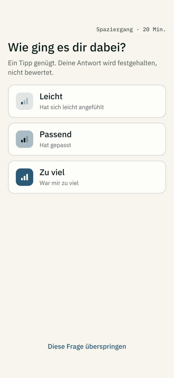 Die Frage „Wie ging es dir dabei?“ mit den Antworten leicht, passend und zu viel.