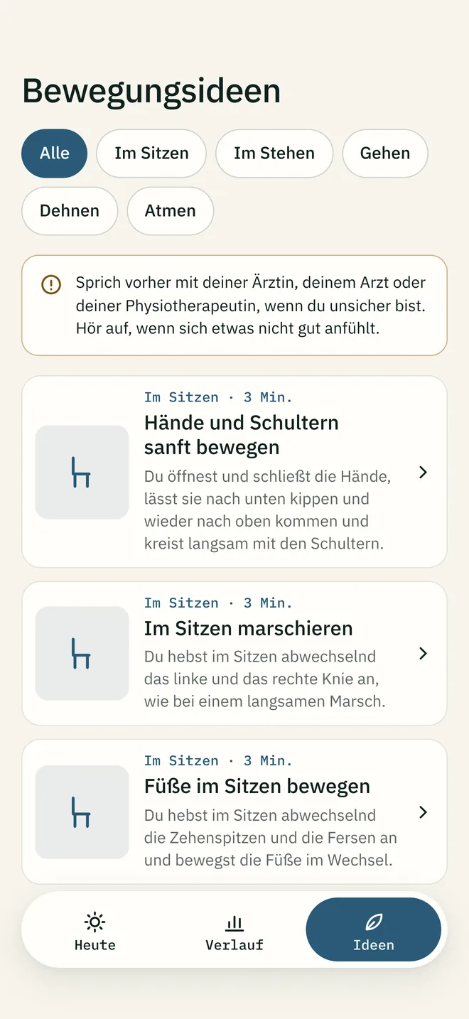 Die Liste der Bewegungsideen, gegliedert nach Im Sitzen, Im Stehen, Gehen, Dehnen und Atmen.