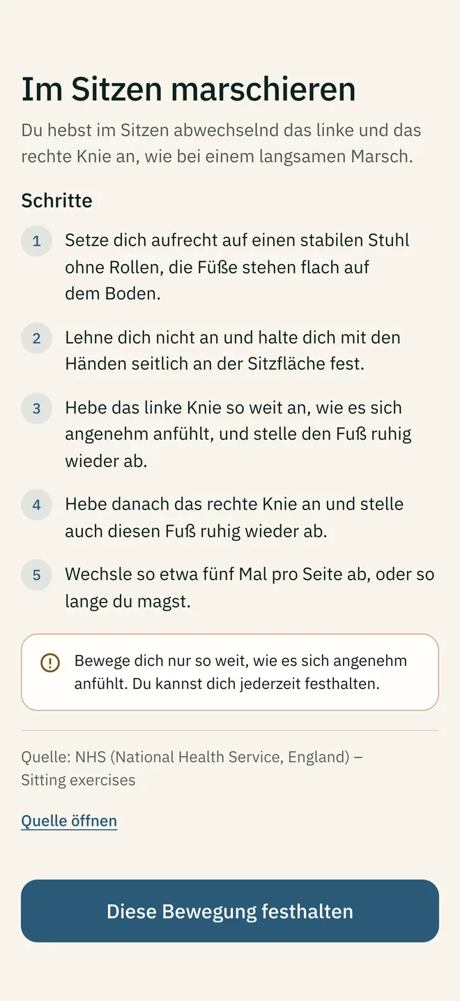 Eine Bewegungsidee mit Schritten, einem Hinweis zur Vorsicht und der Quelle.
