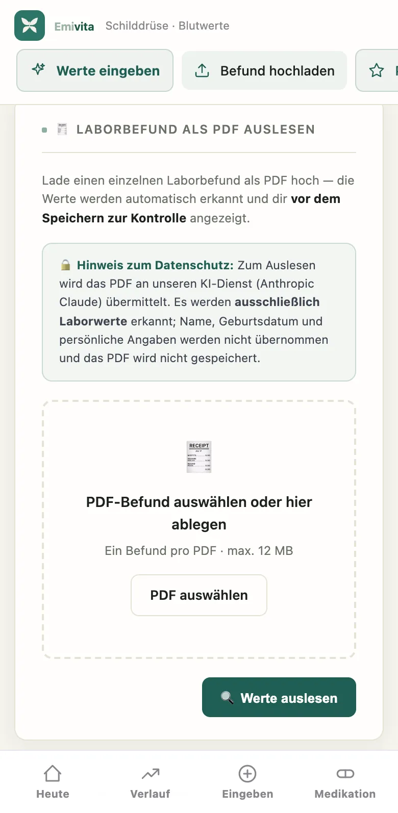 Screenshot: Laborbefund als PDF auslesen, mit dem Hinweis zum Datenschutz und dem Feld zum Auswählen der Datei.
