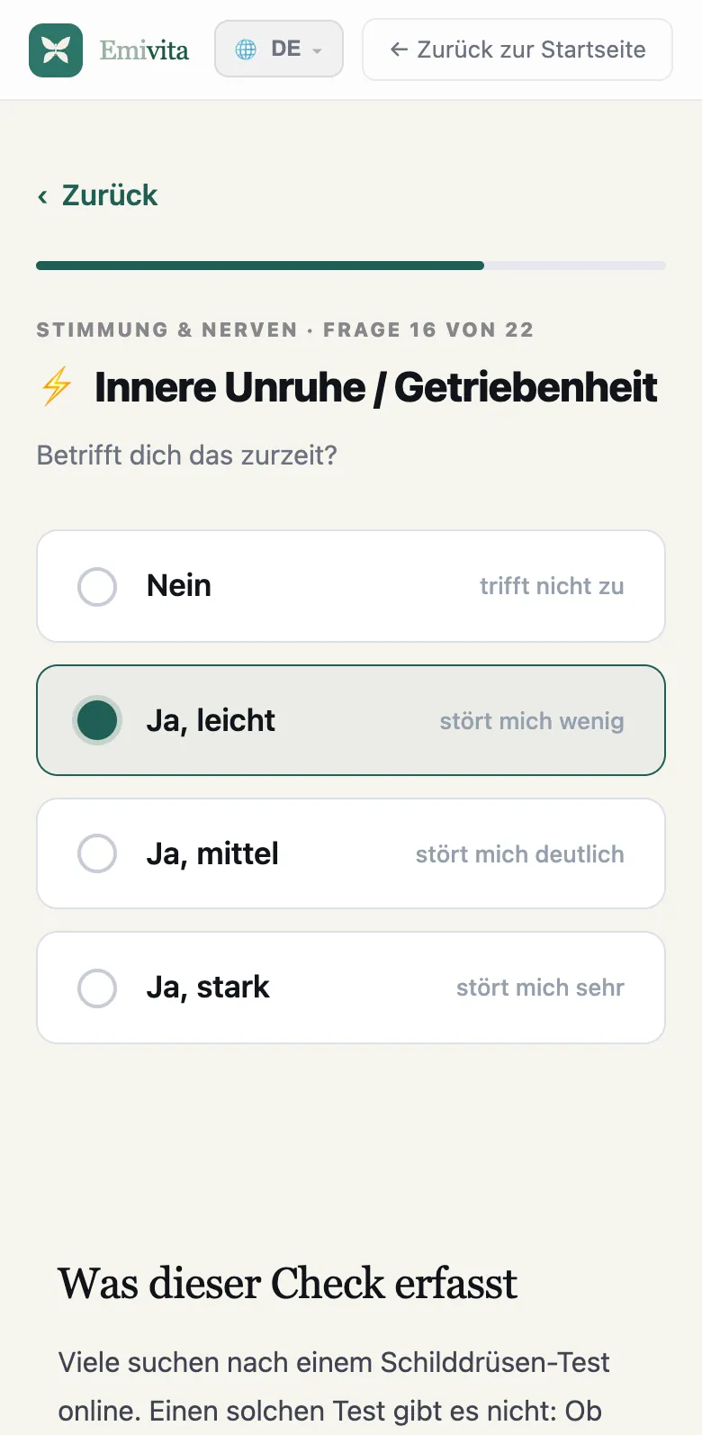 Screenshot des Wohlbefinden-Checks: Frage 16 von 22, Innere Unruhe, mit den Stufen Nein, Ja leicht, Ja mittel und Ja stark.