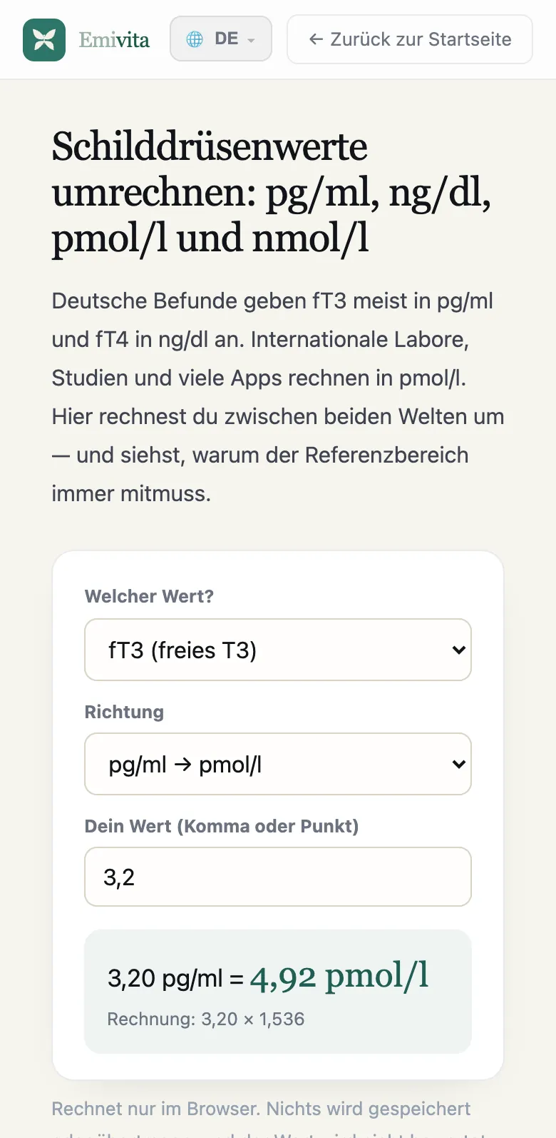 Screenshot des Einheiten-Umrechners: 3,20 pg/ml freies T3 entsprechen 4,92 pmol/l, Rechnung 3,20 mal 1,536.