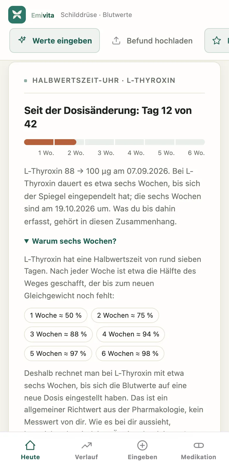 Screenshot der Halbwertszeit-Uhr im Reiter Hormonlage: Seit der Dosisänderung Tag 12 von 42, L-Thyroxin von 88 auf 100 Mikrogramm, darunter aufgeklappt die allgemeine Tabelle von 1 Woche etwa 50 Prozent bis 6 Wochen etwa 98 Prozent.