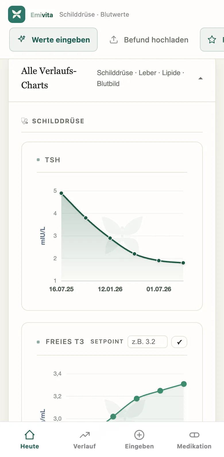 Screenshot des Reiters Labor: TSH-Kurve über sechs Befunde von Juli 2025 bis August 2026, darunter der Beginn der Kurve für freies T3.