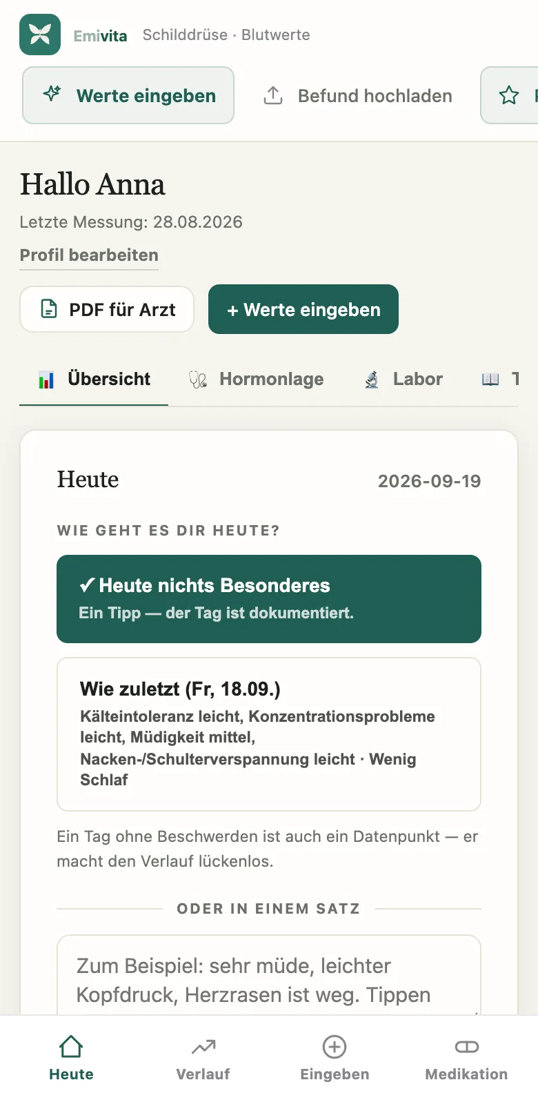 Screenshot der Übersicht im Beispielkonto: Begrüßung, die Reiter Übersicht, Hormonlage und Labor, darunter die Heute-Karte mit „Heute nichts Besonderes“, „Wie zuletzt“ und dem Feld für einen Satz.
